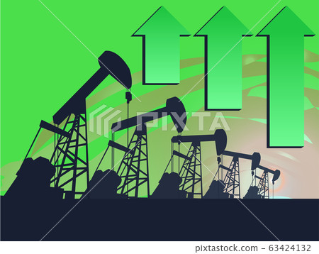Oil pump oil rig energy industrial machine with Up arrow , Mean The increase in oil prices . Oil pump oil rig energy industrial machine with Up arrow , Mean The increase in oil prices . 63424132