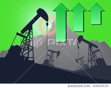 Oil pump oil rig energy industrial machine with Up arrow , Mean The increase in oil prices . 63424133