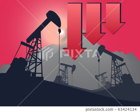 Oil pump oil rig energy industrial machine with Down arrow , Mean The decline in oil prices . 63424134