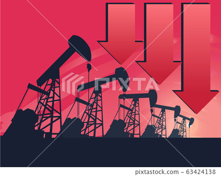 Oil pump oil rig energy industrial machine with Down arrow , Mean The decline in oil prices . 63424138