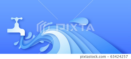 Tap water flow in blue papercut background 63424257