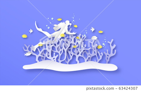 Under water paper cut coral reef diver and fish Under water paper cut coral reef diver and fish 63424307
