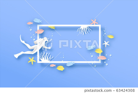 Underwater diver and fish papercut template frame 63424308