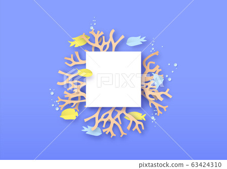 Coral reef paper cut template with colorful fish 63424310
