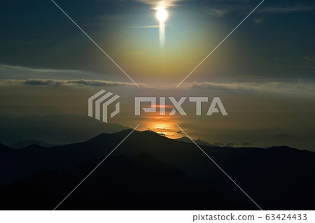 Scenery of Kumano Nada shining in the morning sun seen from Odaigahara mountain Masaki pass Scenery of Kumano Nada shining in the morning sun seen from Odaigahara mountain Masaki pass 63424433