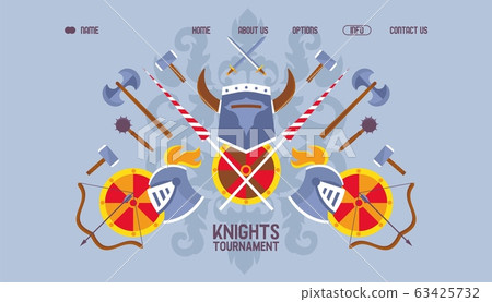 Web banner flat knight tournament, chivalric sword, shield, helmet, axe, mace vector illustration. Contact us, about us, home, options button. Web banner flat knight tournament, chivalric sword, shield, helmet, axe, mace vector illustration. Contact us, about us, home, options button. 63425732