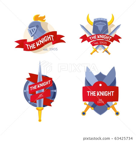 The Knight badge, company, firm logo, flat knight sword, helmet with inscription on ribbon, vector illustration isolated on white. 63425734