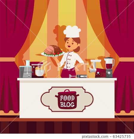 Professional chef prepare food in kitchen, online blog and social network vector illustration. Character gourmet woman profession. Professional chef prepare food in kitchen, online blog and social network vector illustration. Character gourmet woman profession. 63425735