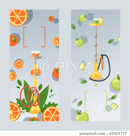 Orange and apple hookah, tasty hooka concept and vector illustration. Banner, postrer, greeting card for website. Smoking mixture relaxation. Orange and apple hookah, tasty hooka concept and vector illustration. Banner, postrer, greeting card for website. Smoking mixture relaxation. 63425777