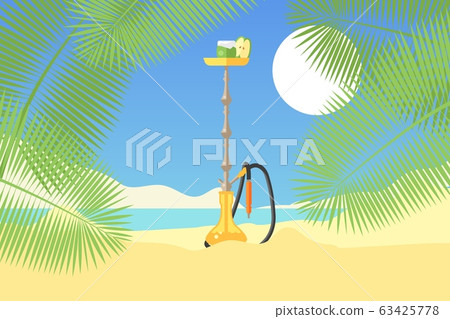 Hookah on tropical sandy beach, green palm tree, sun. Concept and flat vector illustration. Kalyan on sea shore, design web banner. 63425778