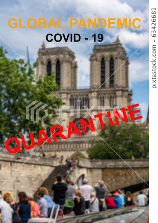 COVID-19 global pandemic quarantine warning banner with Paris city background 63426681
