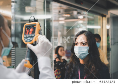 People waiting for temperature check by thermoscan People waiting for temperature check by thermoscan 63428323