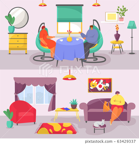 Living room interior concept with modern furniture banners set flat vector illustration. Living room interior concept with modern furniture banners set flat vector illustration. 63429337