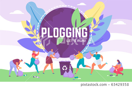 Plogging banner lets run to clear the world, vector illustration of people picking up litter during plogging eco marathon. Plogging banner lets run to clear the world, vector illustration of people picking up litter during plogging eco marathon. 63429358