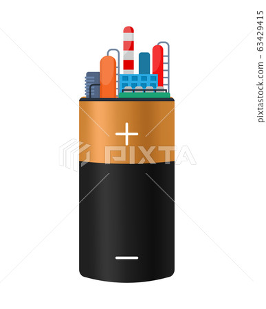 Energy source and consumption vector illustration isolated flat style concept. Alkaline battery generate provides energy for power of industrial factory plant. Energy source and consumption vector illustration isolated flat style concept. Alkaline battery generate provides energy for power of industrial factory plant. 63429415