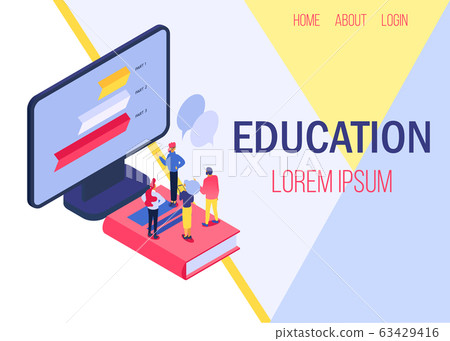 Education online vector illustration banner. Studying people, knowledges from computer. Learning with books and online. 63429416