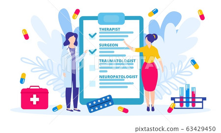 Patient chooses doctor at medical clinic, hospital vector illustration isolated banner. Doctor helps woman with choice. 63429450