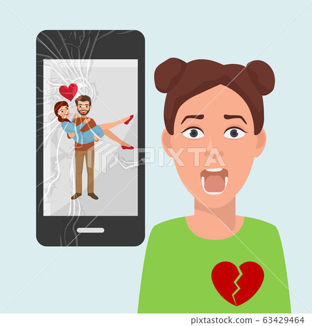Heartbroken girl sees photo of boyfriend with rival on social media vector illustration. Heartbroken girl sees photo of boyfriend with rival on social media vector illustration. 63429464