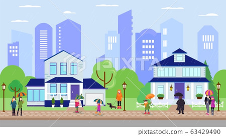 People in rain with umbrellas on street near home houses vector illustration banner. People in rain with umbrellas on street near home houses vector illustration banner. 63429490