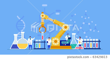 Innovative lab tiny people scientists conduct research, medical discovery for health care, chemical analyze in flask with robots help, vector illustration. 63429813
