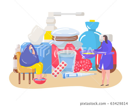 Home treatment set of vector illustrations of people suffering from cold, virus, flu and taking care of health at home. 63429814