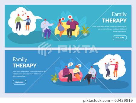 Family therapy, psychotherapy, couple husband and wife talking to psychologist, vector illustrations banners set. Family therapy, psychotherapy, couple husband and wife talking to psychologist, vector illustrations banners set. 63429819
