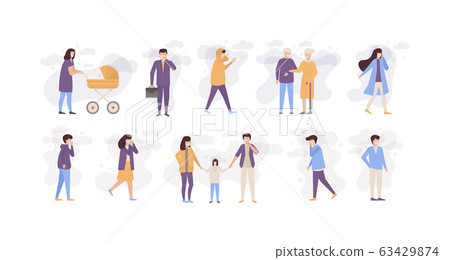 People in polluted city air wearing in masks respirators vector illustration set. 63429874