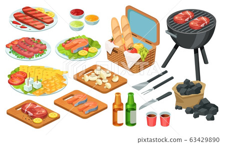 Isometric barbecue food, bbq grill meat, vector... - Stock Illustration ...