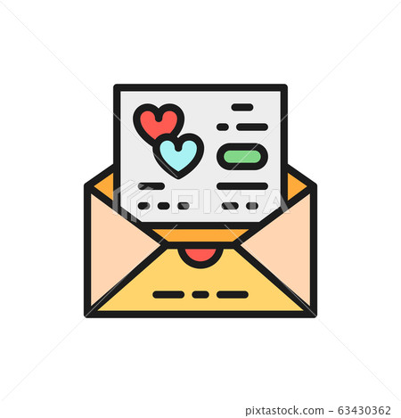 Wedding invitation, love card, envelope flat color line icon. 63430362