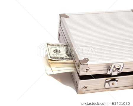 Silver case with dollars on white background 63431080