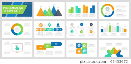 Set of blue, green, turquoise and orange elements for multipurpose presentation template slides with graphs and charts. 63433672