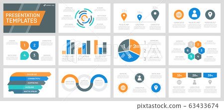 Set of grey, orange, blue and turquoise elements for multipurpose presentation template slides with graphs and charts. 63433674