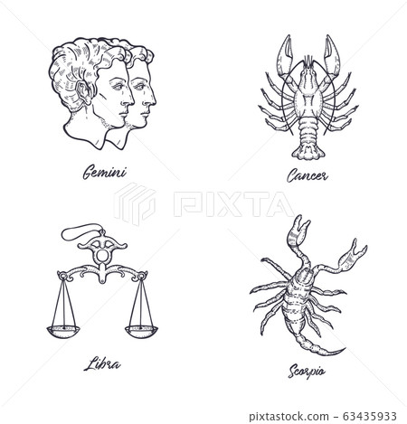 Vector set of zodiac signs. Gemini, Cancer, Scorpio and Libra. 63435933