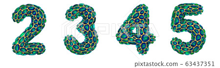 Number set 2, 3, 4, 5 made of realistic 3d render golden shining metallic. Collection of gold shining metallic with green color glass symbol 63437351