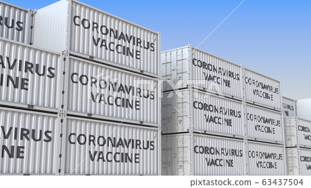 Many cargo containers with coronavirus vaccine. 3D rendering Many cargo containers with coronavirus vaccine. 3D rendering 63437504