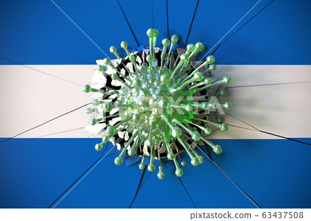 Virus breaks wall with flag of Nicaragua. Coronavirus outbreak related conceptual 3D rendering Virus breaks wall with flag of Nicaragua. Coronavirus outbreak related conceptual 3D rendering 63437508