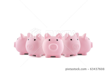 Group of pink piggy banks on white background 63437608