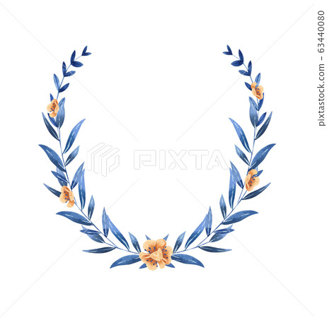 Wreath - hand painted watercolor illustration in deep blue and gold shades 63440080