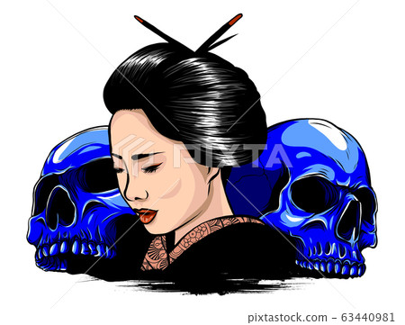 Young Japanese woman in a geisha costume. Charmingly cute face degeneration. Young Japanese woman in a geisha costume. Charmingly cute face degeneration. 63440981