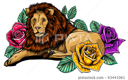 Lion with roses and leaves illustration. African lions head. Vector outline illustration. Lion print. 63441061