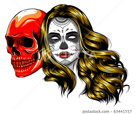 Girl with skeleton make up hand drawn vector sketch. Girl with skeleton make up hand drawn vector sketch. 63441557