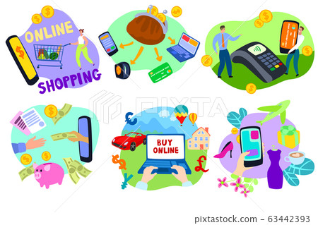 Online shopping on website on flat money e-commerce vector illustration isolated on white. Modern phone-shop with processing of mobile payments from credit card. Technology online shopper concept Online shopping on website on flat money e-commerce vector illustration isolated on white. Modern phone-shop with processing of mobile payments from credit card. Technology online shopper concept 63442393