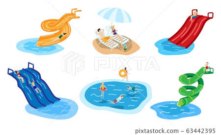 Water park with people in aqua summer hand drawn character vector illustration isolated on white. Water park with people in aqua summer hand drawn character vector illustration isolated on white. 63442395
