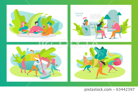 Healthy organic vegan cafe on hand drawn vegetarian health vector illustration. Tiny people cooking. Healthy organic vegan cafe on hand drawn vegetarian health vector illustration. Tiny people cooking. 63442397