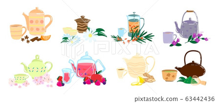 Healthy flower collection black herbal nature green tea on vector health hand drawn illustration. Different types of healthy tea. Healthy flower collection black herbal nature green tea on vector health hand drawn illustration. Different types of healthy tea. 63442436