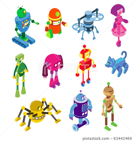 Robots collection on vector robotic characters illustration isolated on white. Robotized toys in isometric machine style 63442469