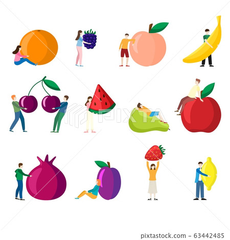 Organic production cartoon vector fruity illustration isolated on white. Tiny man sit on apple, stay with fruits Organic production cartoon vector fruity illustration isolated on white. Tiny man sit on apple, stay with fruits 63442485