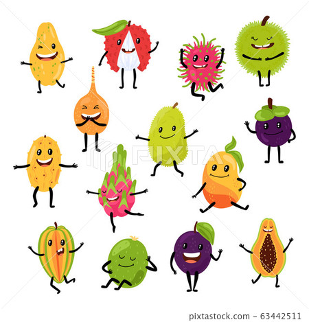 Dancing tropical exotic fruits in character hand drawn fruity food tropic vector illustration isolated on white. Dancing tropical exotic fruits in character hand drawn fruity food tropic vector illustration isolated on white. 63442511
