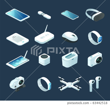 Isometric digital technology device vector illustration. Set with electronic gadgets, quadcopter 63442518