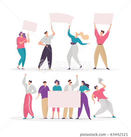 Crowd of protester people taking part in demonstration on vector character group cartoon illustration isolated on white. Men, women at street demonstrate for their rights with blank placard. Protest 63442521